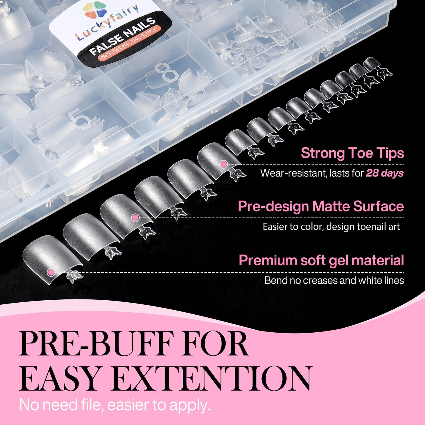 Square Toe Nail Press Ons French Style Toe Tips 240pcs Clear False Fake Toenails for Faster Toe Nail Extension Kit Home DIY Art Salon 15 Sizes Acrylic Nails, Luckyfairy