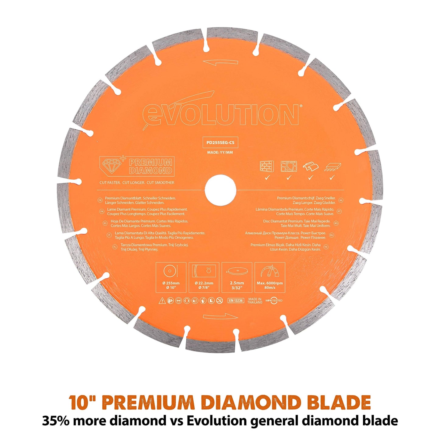 Evolution R255DCT - 10 In Concrete Saw (Aka Circular, Angle Grinder, Chop Saw, Cut Off, Demo, Disc Cutter, Power Cutter) - 15A Motor, No Gas - 4-1/16 In Cut - Incl Premium Diamond Blade