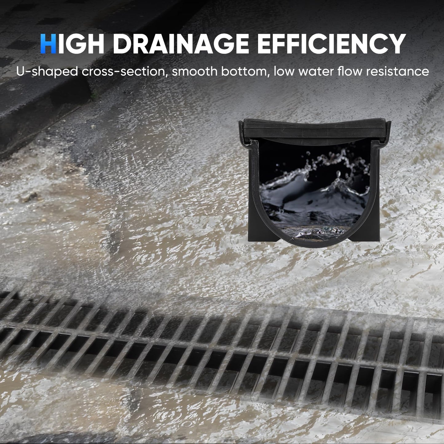 Trench Drain System, Channel Drain with Plastic Grate, 5.9x5.1-Inch HDPE Drainage Trench, Black Plastic Garage and GardenDrain, 6x39 Trench Drain Grate, with 6 End Caps,Convenient Assembly（6 Pack）