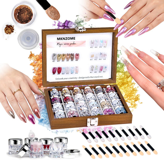 MKNZOME 24 Colors Chrome Nail Powder, Iridescent Aurora Metallic Mirror Nail Glitter Foils Effect Pigment Glitter White Gold Silver for Home Nail Art Decoration DIY Salon Manicure, Gift for Women