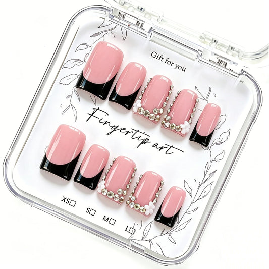 Handmade Acrylic Press on Nails Short Duck Handmade Nails with 3d Flower Rhinestone Design for Women Fake Nail Art DIY 10pcs(M)