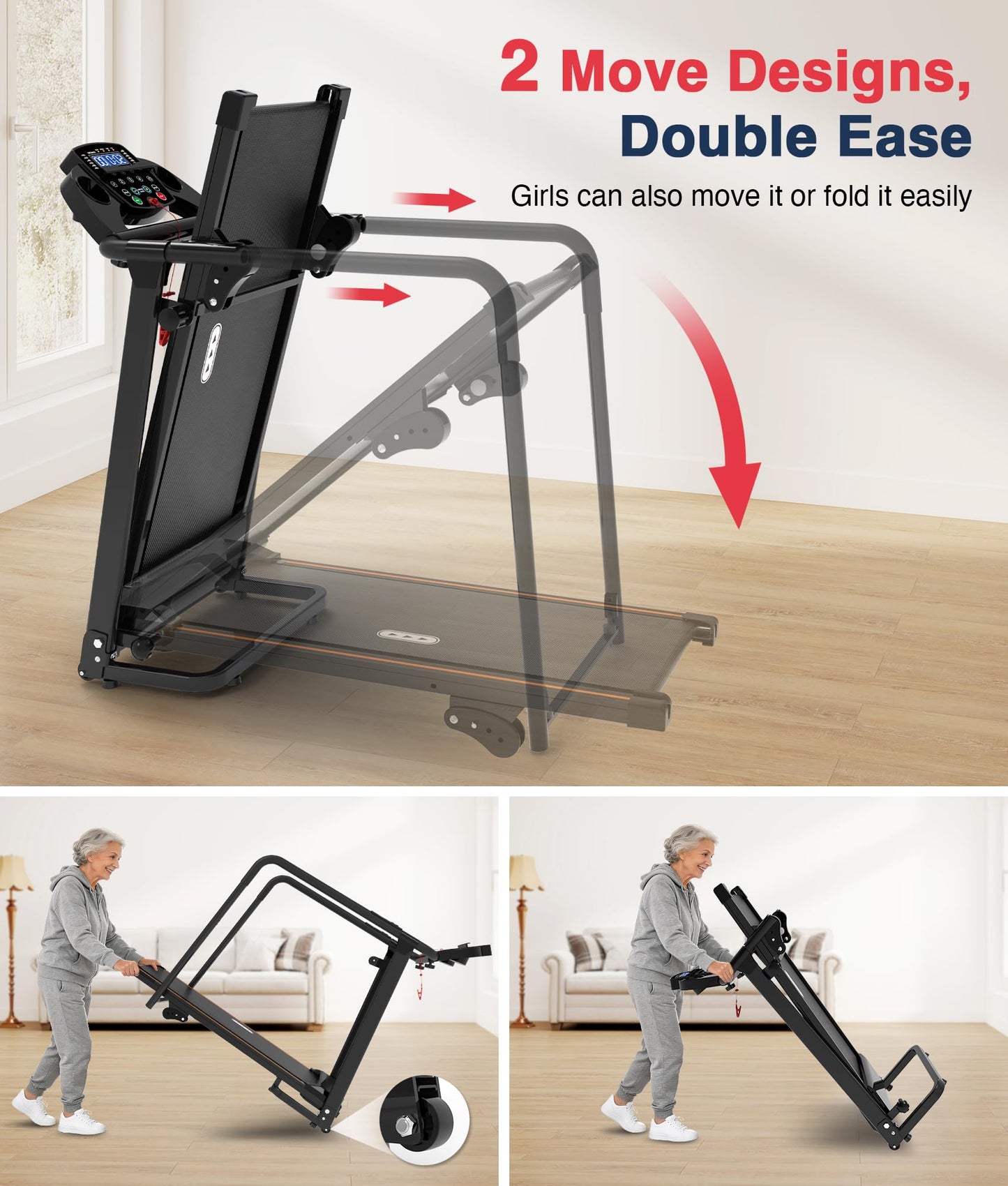Redliro Treadmill for Seniors with Long handrails - 300 lbs Capacity Walking Treadmill for Seniors with 0%-2% Incline, Foldable, Heart Rate Monitor, Mute Home Recovery Walking Machine for Seniors
