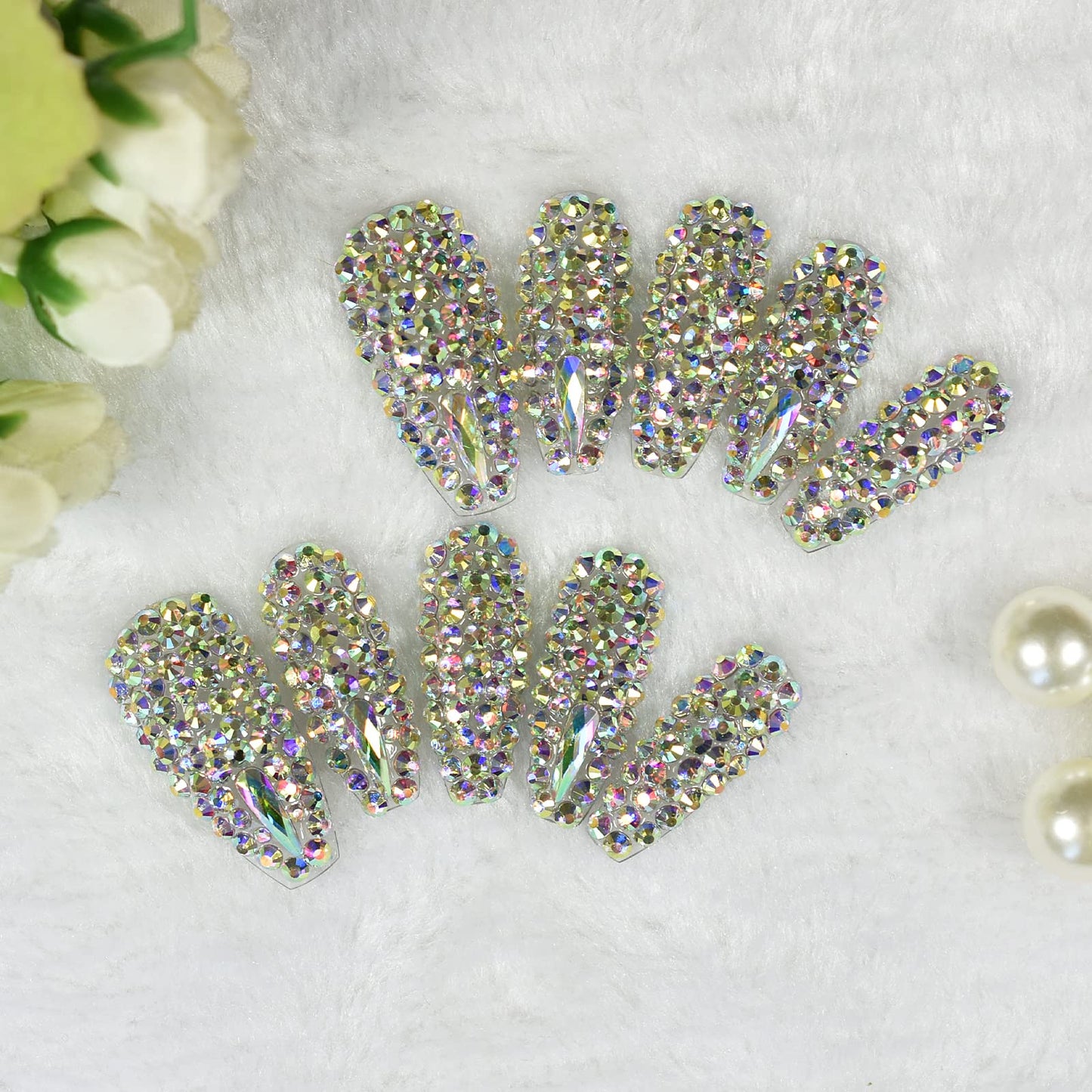 ELEVENAIL 24pcs Luxurious 3D Crystal Press on Nails Long Coffin False Nails Salon DIY Manicure Reusable Fake Acrylic Diamonds Handmade Nail Art Tips Gifts for Women Girls
