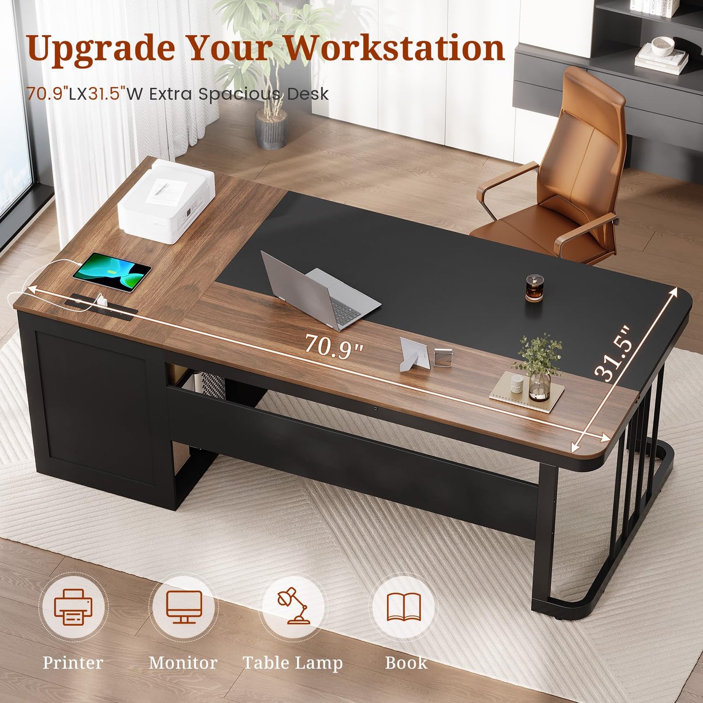 70.9" Executive Desk with Power Outlet, Large Office Desk with Drawers & Lateral File Cabinet, Long Computer Desk with Adjustable Storage Shelves, Modern Workstation Business Furniture (Walnut)
