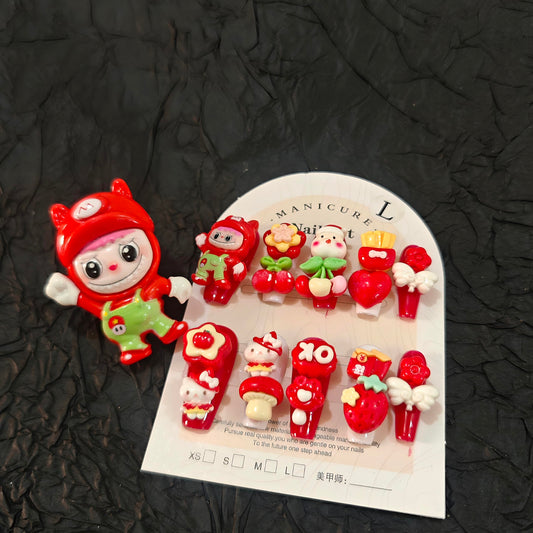 11Pcs(1Pack) Handmade Press On Nails Long Square Nails 30mm Berry Crush Nails Red 3D Heart Bow OK Design Playful Nail Art with Ring for Women Party Holiday Daily Wear Size L