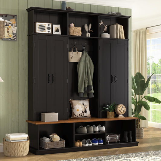 Merax 62.2''W Entryway Hall Tree with Bench, 3 Top Cubbies & Bottom Storage Space, Farmhouse Coat Rack with Hooks & Cabinets for Entryway, Hallway, Mudroom, Living Room
