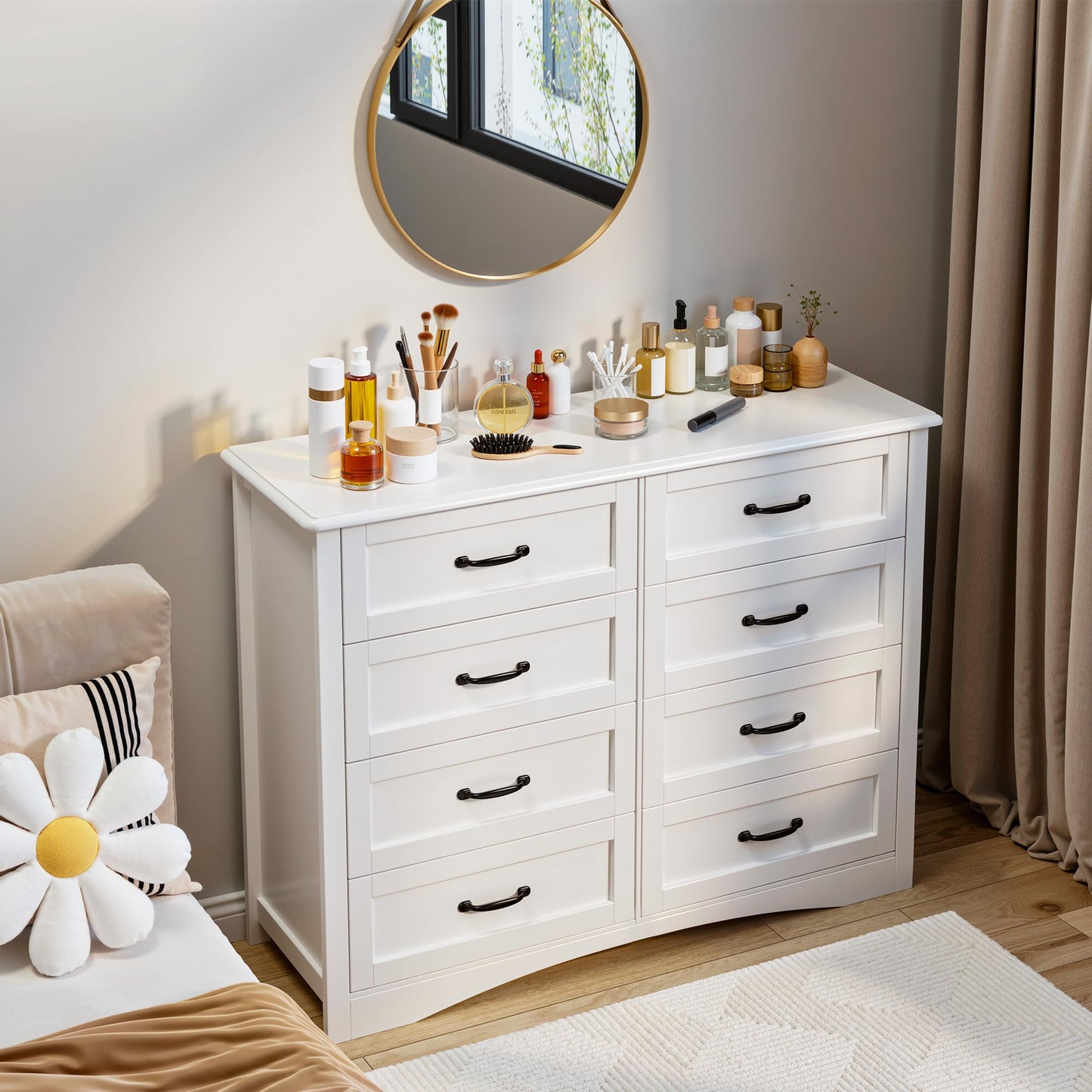 Gizoon 8 Drawer Dresser for Bedroom，Larger Chest of Drawers with Mental Handle for Kids Room, White Dresser with 8 Storage Drawers for Living Room, Entryway and Hallway, White