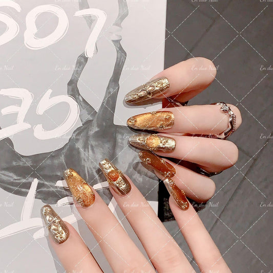 JIEADJIE Press On Nails (100% Handmade),Extra Long,Handmade Painted Nail Art by Nail Technician,Luxury Version (Long oval amber, Small)