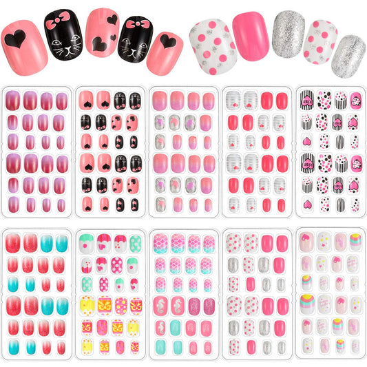 Maitys 240 Pcs Children False Nails 10 Packs Kids Girls Press on Short Artificial Fake Nails Gradient Color Rainbow Pre Glue Full Cover Acrylic Nail Kit for Children Nail Decoration(Pink Heart)