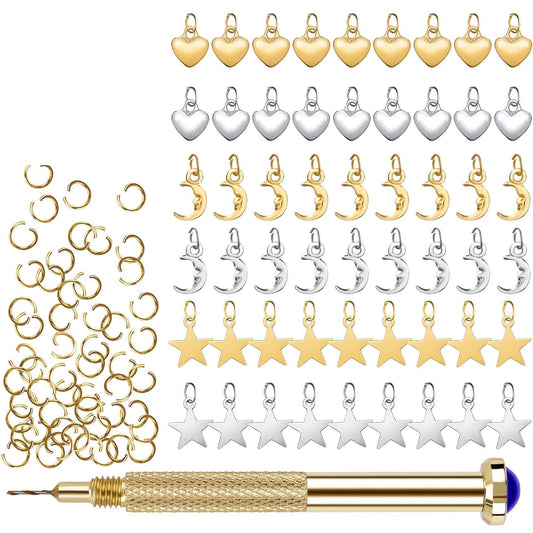 PAGOW 155 PCS Dangle Nail Art Charm, Nail Jewelry Rings with Nail Piercing Tool Hand Drill for Tips, Acrylic, Gels and Decorations