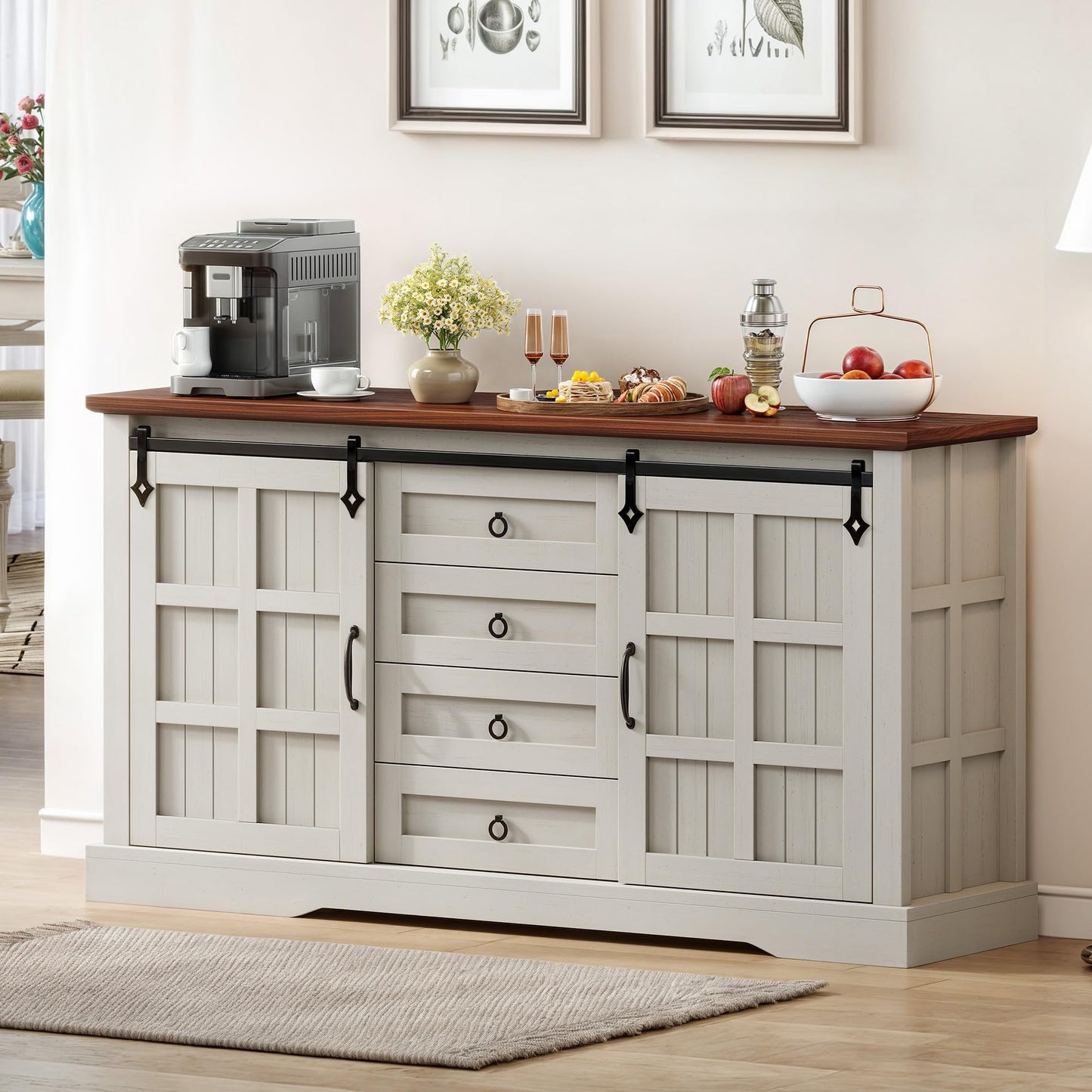 DWVO 59" Sideboard Buffet Cabinet with Storage, Kitchen Storage Cabinet with Sliding Barn Doors and 4 Drawers for Living Room/Kitchen, White Oak