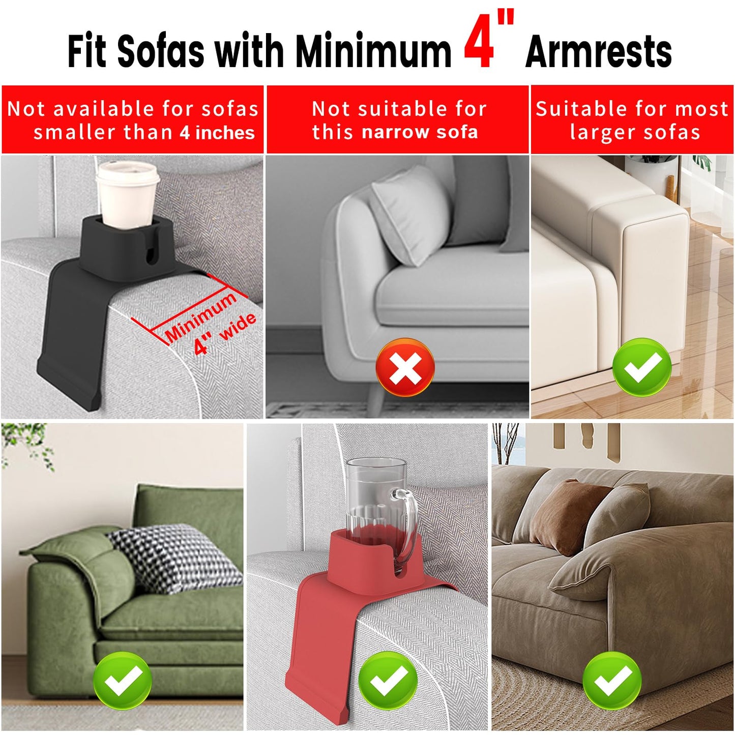 vodvob Couch Cup Holder,Anti-Spill Sofa Cup Holder Silicone Coaster,Suitable for Sofa Recliner Armchairs,Brown