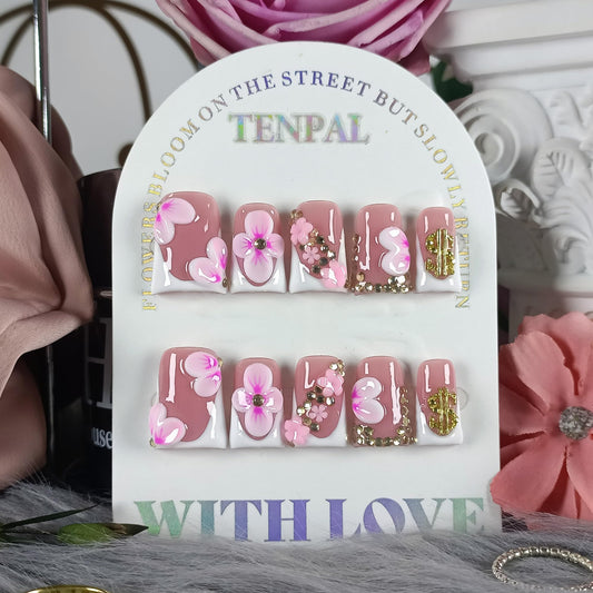 TENPAL Duckbill Press on Nails - White Pink 3D Floral French Tip Fake Nails with Rhinestones | Icy Glossy False Nails with Tools| Handmade Soft Gel Y2K Duck Nails(M)