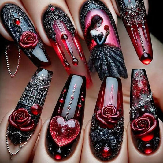 CJDLTS 24Pcs Flower Valentines Press on Nails Long Ballet Artificial Acrylic False Nails Red Love Fake Nail Rose Full Cover Reusable Coffin Floral Artificial Fingernails for Women Festival Manicure