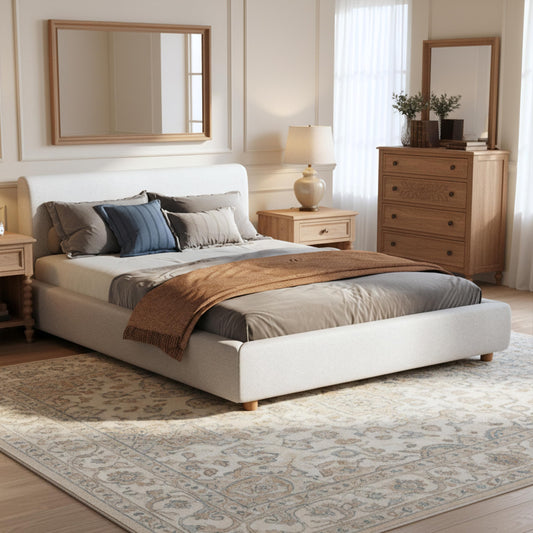 Merax Queen Size Boucle Upholstered Platform Bed Frame with Headboard,Modern Soft Fabric for Bedroom with Wood Slats Support for Bedroom