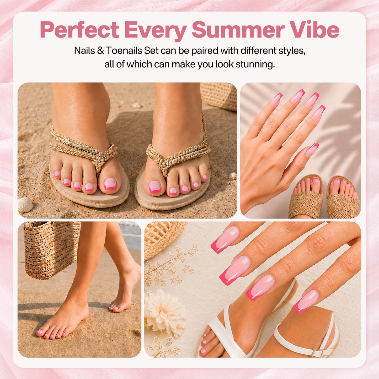 SIUSIO 60Pcs Magenta French Tip Press on Nails Toenails Set, Medium Square Pink French Fake Nail Short False Acrylic Toe Nail Press ons Full Cover Salon Nail Art French Manicure Kit for Women