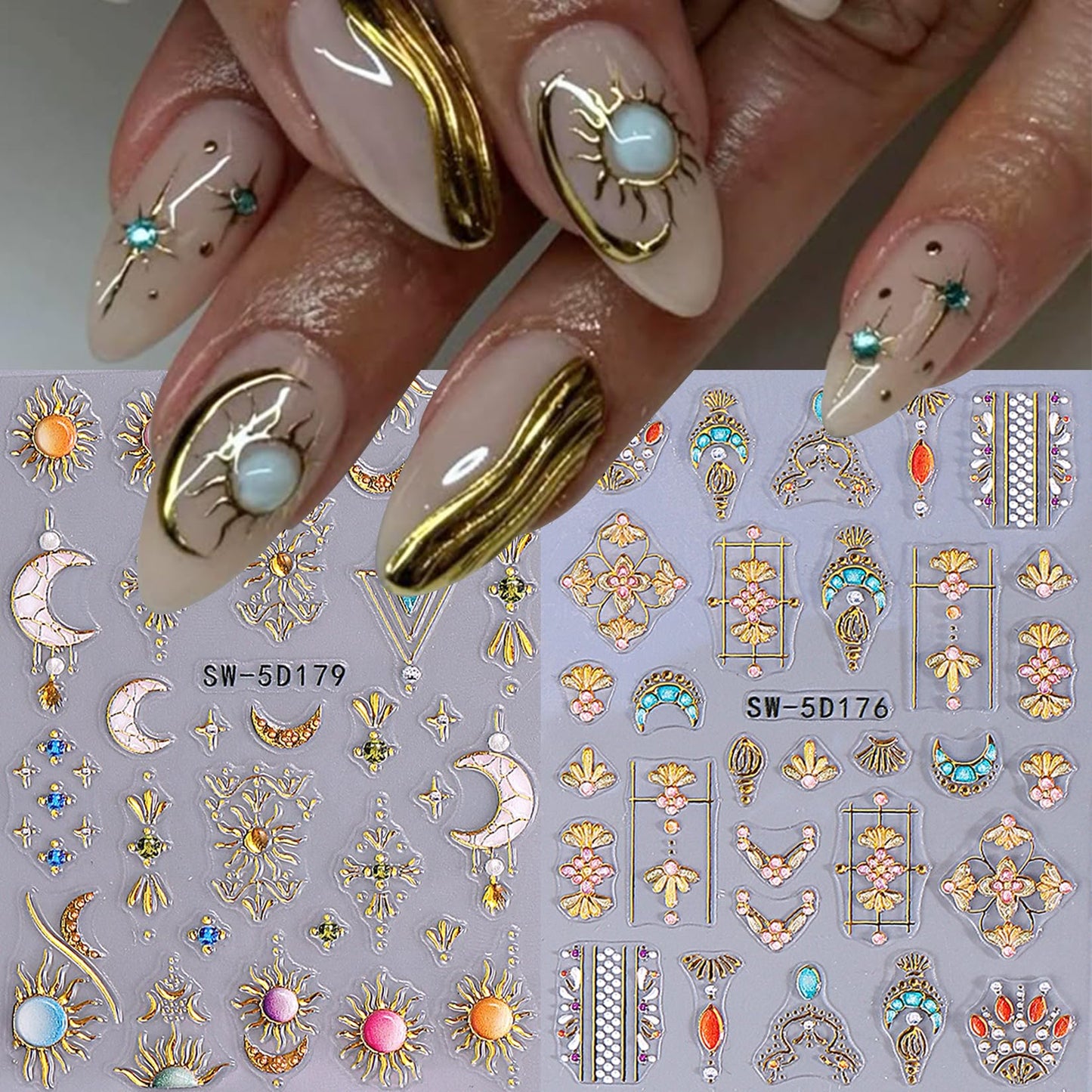 Sun Nail Stickers Decals 9 Sheets Bohemian Style Nail Art Stickers 5D/3D Embossed Self Adhesive Moon Star Heart Flame DIY Metallic Designs Gothic Decoration Supplies Nail Accessories for Women