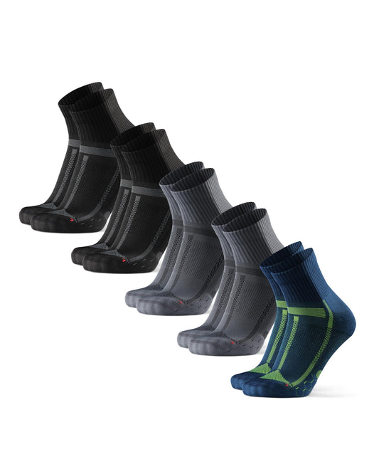 DANISH ENDURANCE Running Socks for Men Women, QuarterLength Anti Blister, Sport, Multicolor (2xblack/Grey, 2xgrey/Black, 1xblue/Yellow) 5-pack, Large
