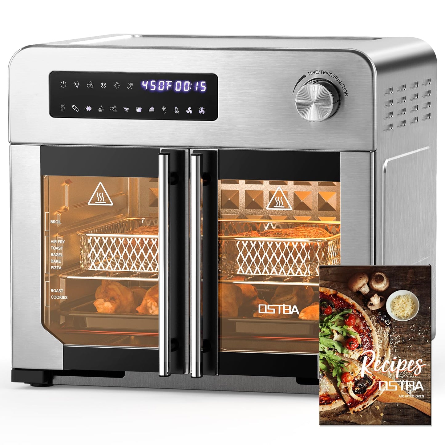 OSTBA French Door Air Fryer Toaster Oven Combo, 102 Recipes & 7 Accessories Extra Large Airfryer Convection Oven Countertop 10-in-1, 30% Faster 90% Less Oil, Stainless Steel