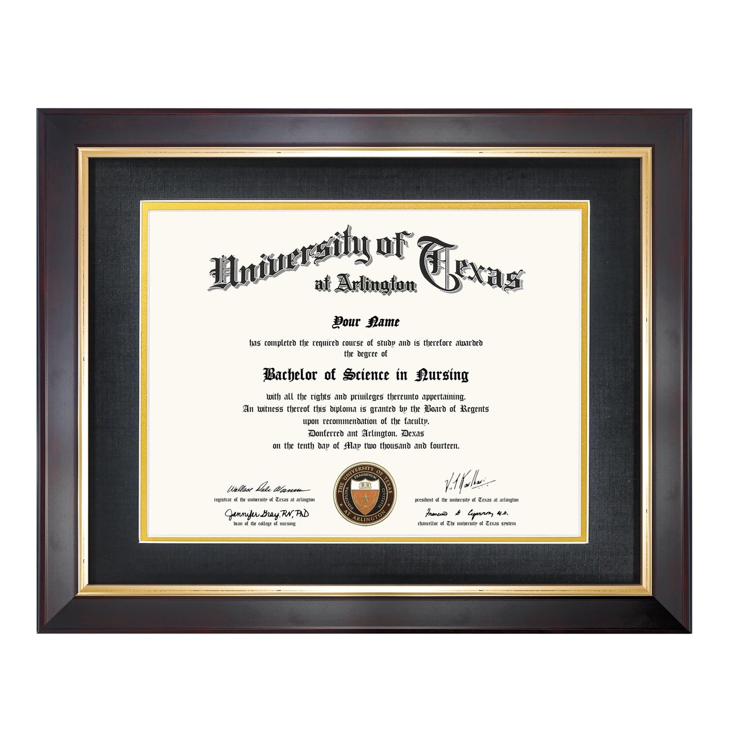 GMFrames 8.5x11 Wood Diploma Frame with Black Mat or Display 11x14 Certificates without Mat,Tempered Glass,Deep Brown Finish with Gold Trim