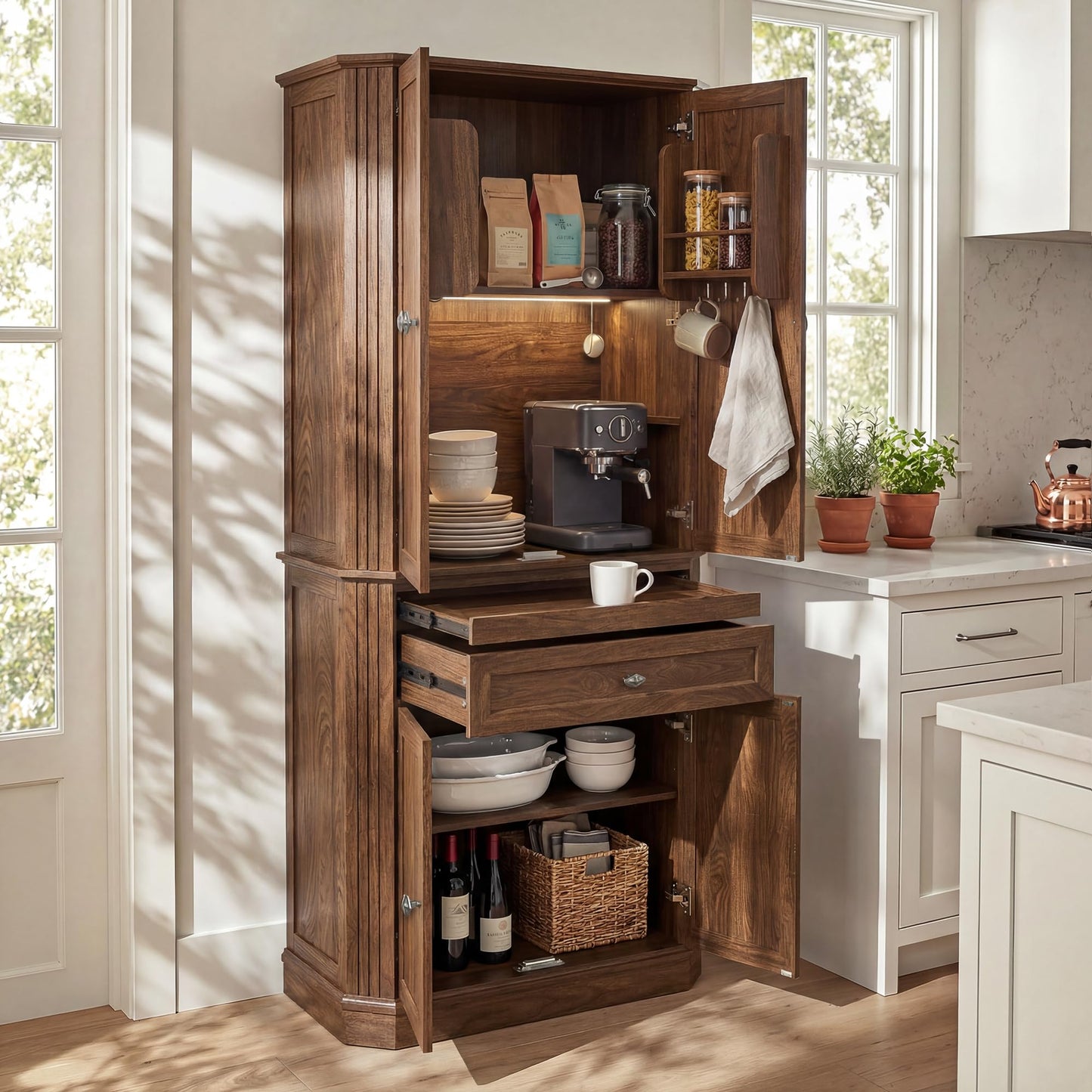 AMBERHAUS 72.2" Tall Kitchen Pantry Storage Cabinet with Doors, Farmhouse Storage Cabinet with Drawers, Adjustable Shelves and Pull-Out Shelves, Walnut Wood Pantry Cupboard for Kitchen, Dining Room