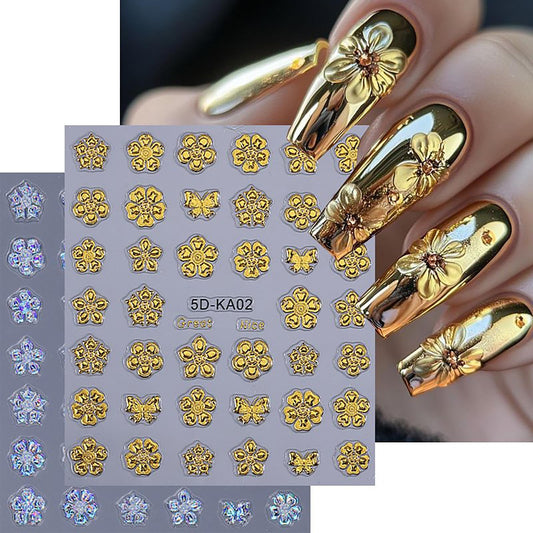 2 Sheets 5D Embossed Gold Nail Stickers 3D Self-Adhesive Golden Flower Nail Supplies Daisy Nails Designs Laser Blue Floral Aurora Hibiscus Nails Decals for Women Girls DIY Manicure
