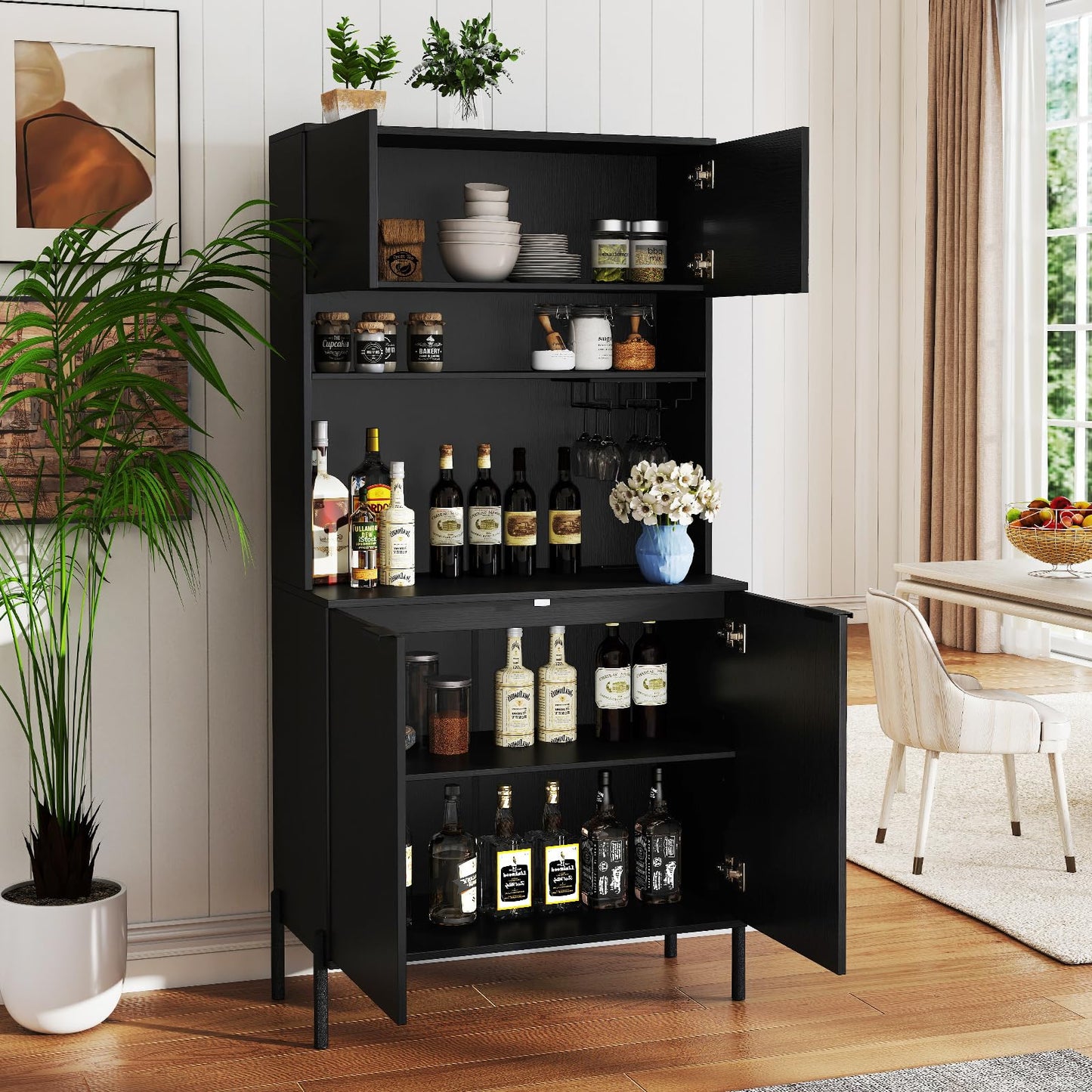 Giantex 64.5" Kitchen Pantry Cabinet with Charging Station, Tall Buffet Hutch with Storage Cabinets, Adjustable Shelf, Wine Racks, Modern Sideboard for Dining Room, Living Room, Coffee Bar, Black