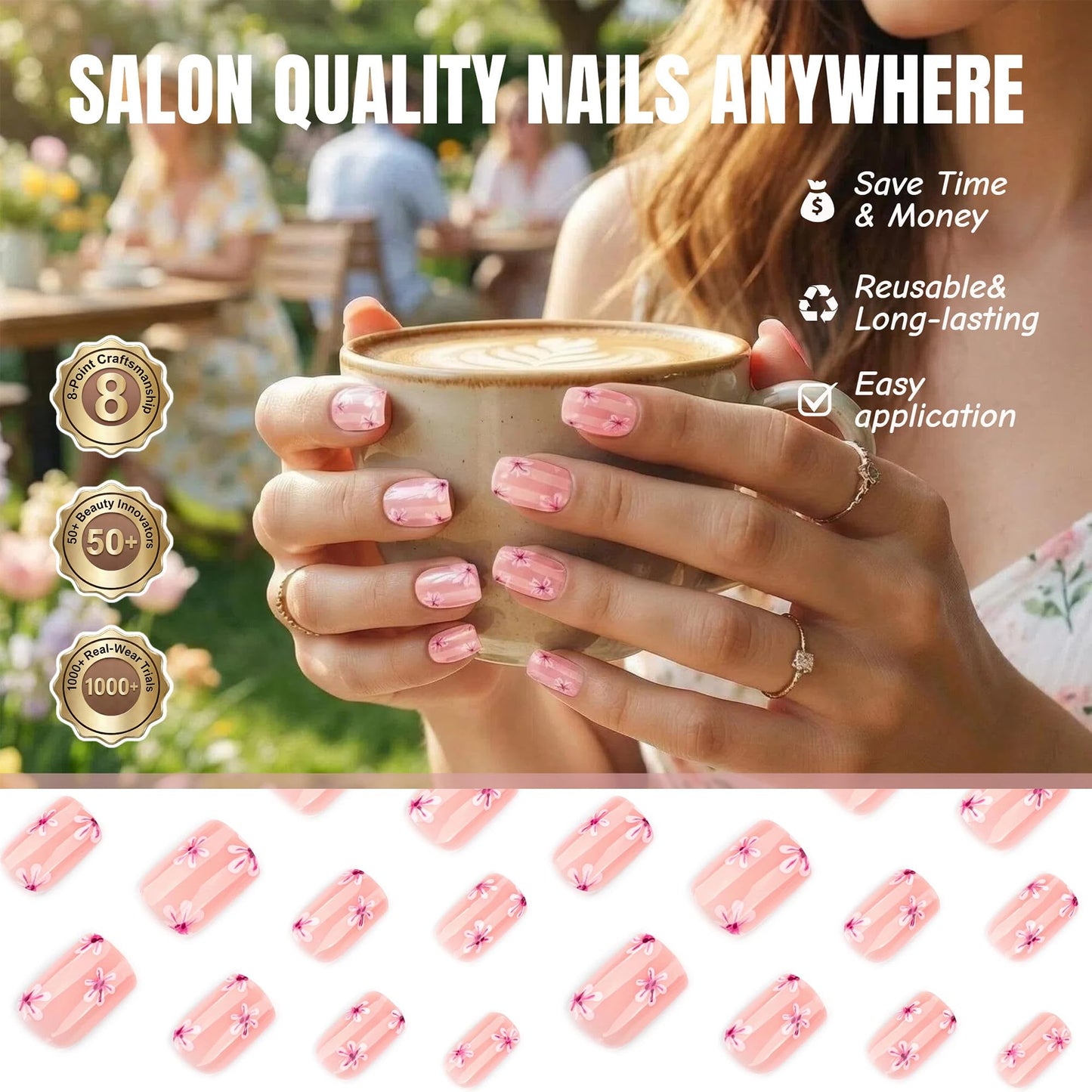 Pink Floral Press On Nails Short Square, Glossy Nude Pink False Nails with Small Daisy Design, Cute Spring Summer Fake Nails for Women, Full Cover Acrylic Nails Set, 24PCS