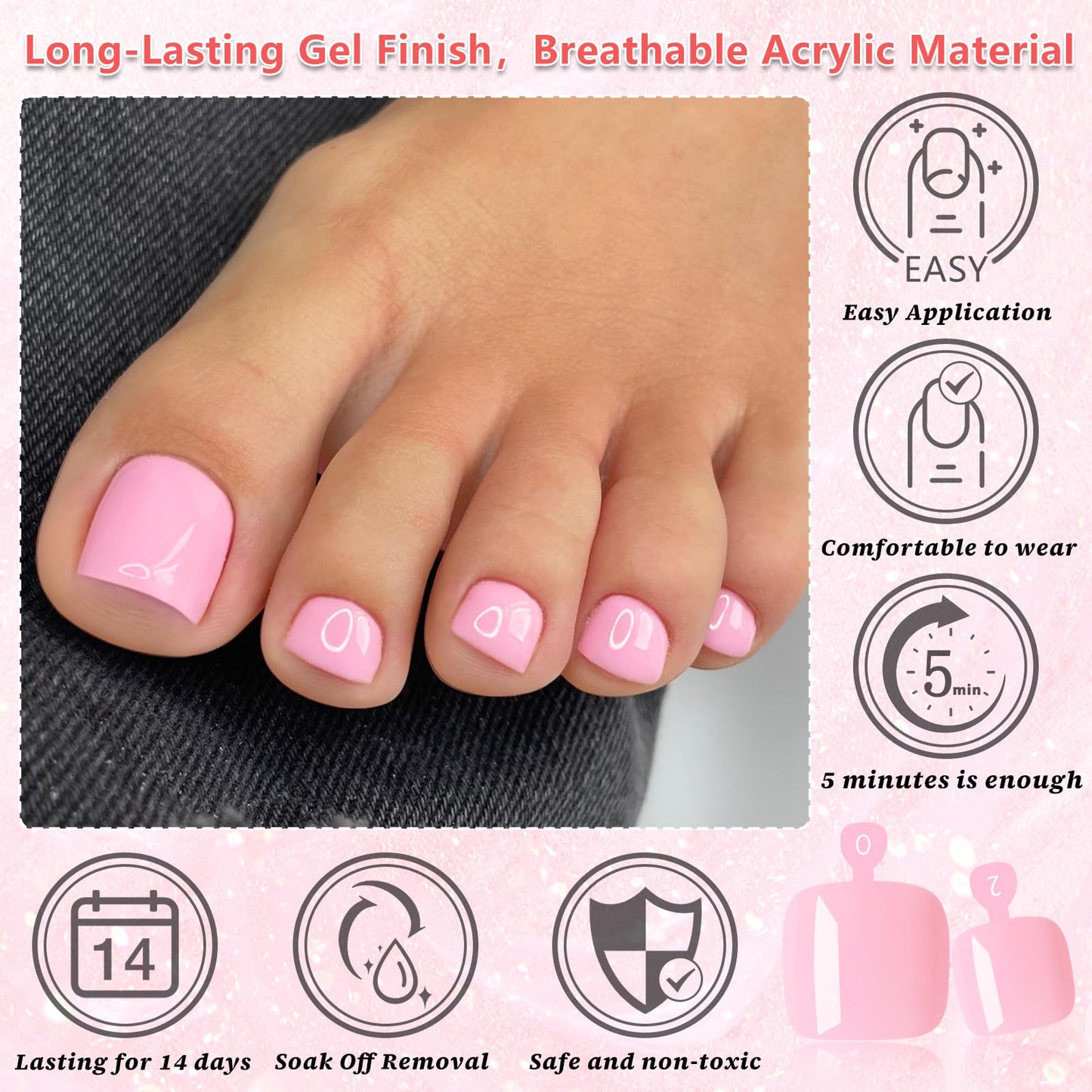 EternalClassic 144pc Press on Toenails for Women Toe Nail Press ons Short Square with Glue&Jelly Glue, Pink Fake Toe Nails Glue on Toe Nails, Full Cover Acrylic Artificial Toe Press on Nails