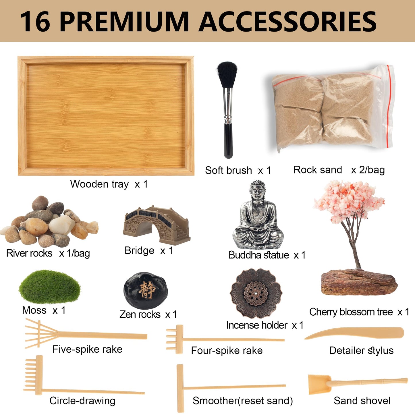 Zeckzoin Zen Sand Garden Kit for Desk with Incense Stick Holder 11"x7.5" 6 Tools, 16 Accessories