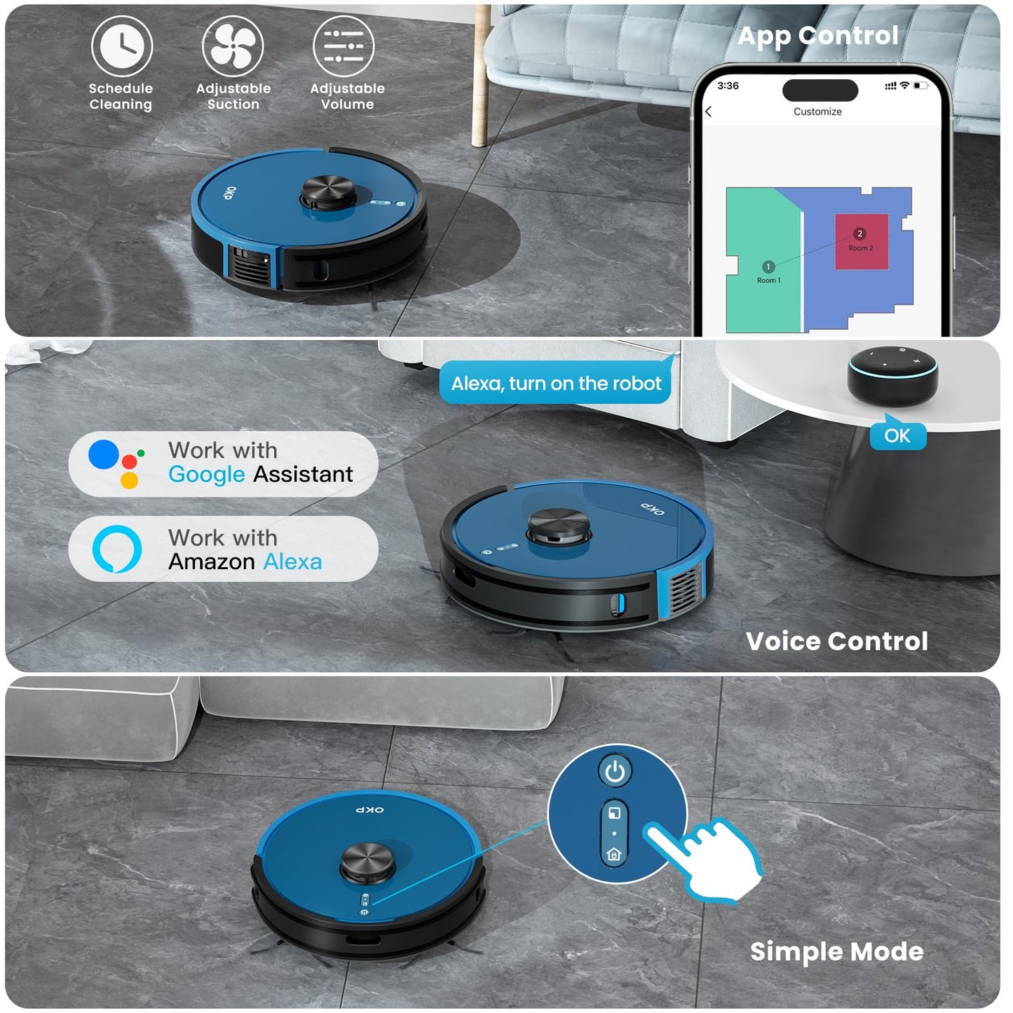 OKP L3 Robot Vacuum Self Emptying Station for 60 Days, LiDAR Navigation, 200Min,4000Pa Suction, 2.4G WiFi/App/Alexa Control, Robotic Vacuum for Pet Hair, Carpet, Floors,Blue