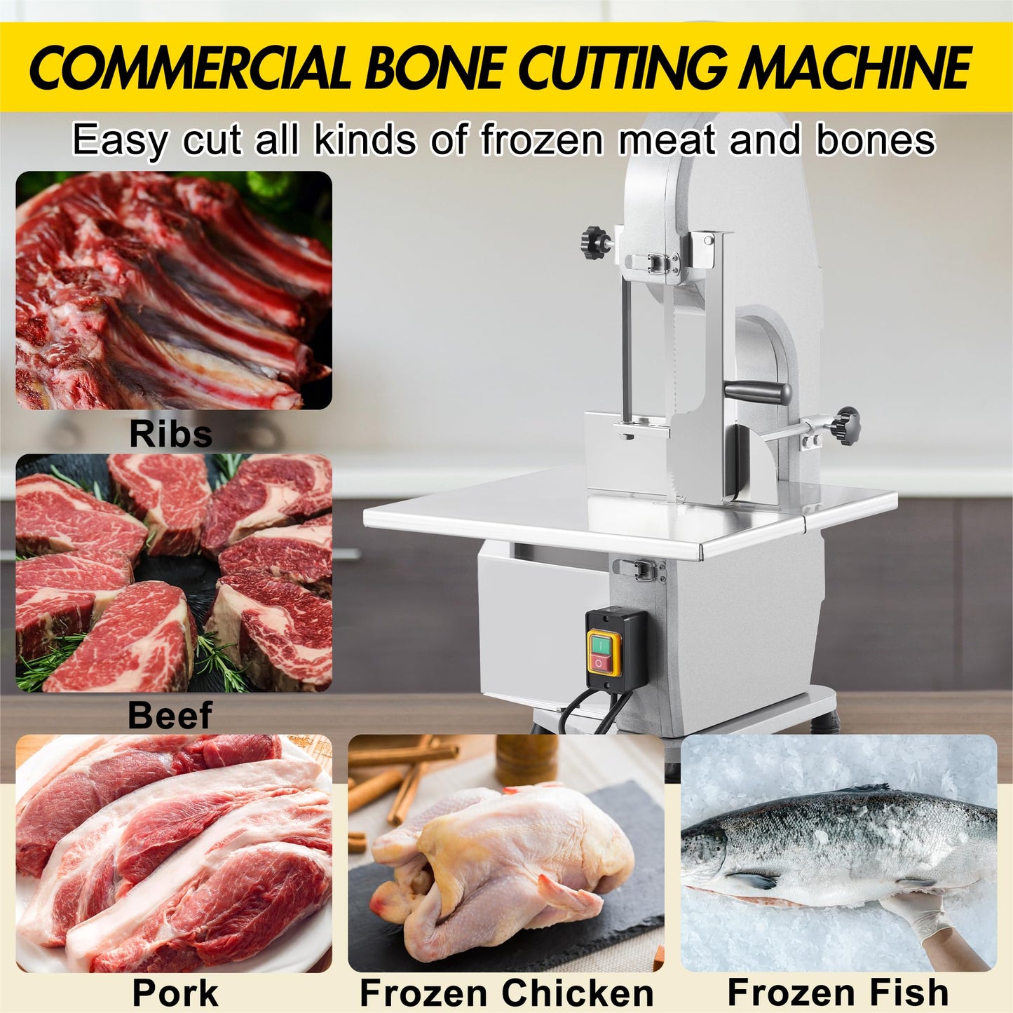  1100W Commercial Electric Meat & Bone Band Saw with Stainless Steel Table (19.3"x15"), Adjustable Thickness 0.16-7.9", Frozen Meat Cutter Includes 5 Blades – Ideal for Butcher Shops, Restaurants, Ho
