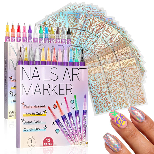 12 Colors Nail Art Pens 0.5mm & 0.7mm Nail Polish Pen Nail 2 Boxes Markers Doodle Pen Quick Dry Waterproof Nails Art Tools for Painting Point Liner DIY Manicure（Attachment 24 Pcs Template Stickers）