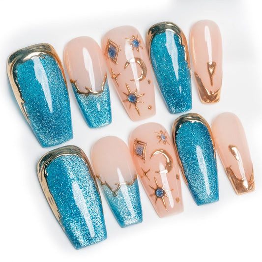 Sun&Beam Nails Handmade Press-On Medium Long Coffin Ballerina with Pink Blue Gold Color 3D Design Charm Cat Eye Cute False Nail Tips 10 Pcs (#082 L)