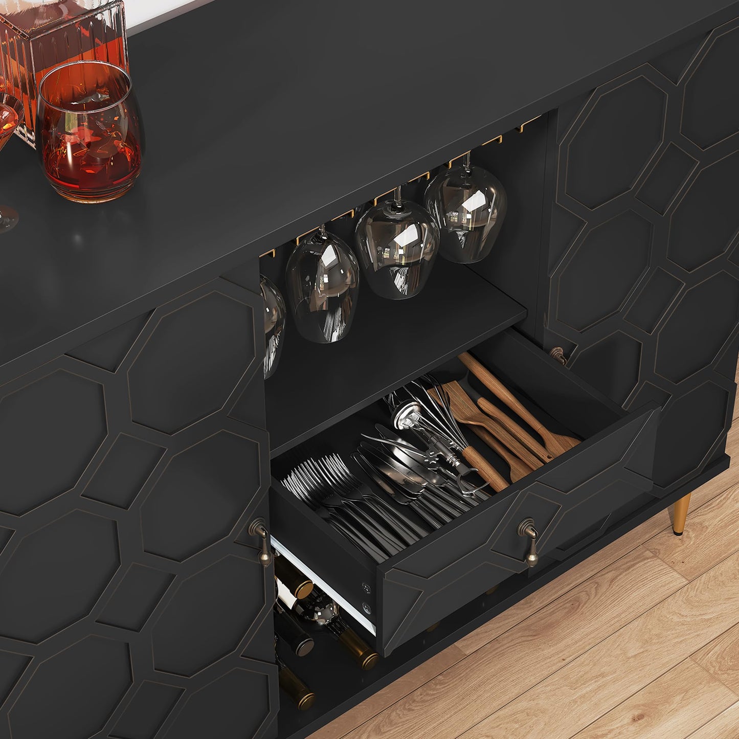 MROJISC Modern Bar Cabinet with Drawer, Liquor Cabinet with Wine Glass Racks and Shelves, Geometric Door Buffet Sideboard for Dining Room, Living Room, Kitchen, Black