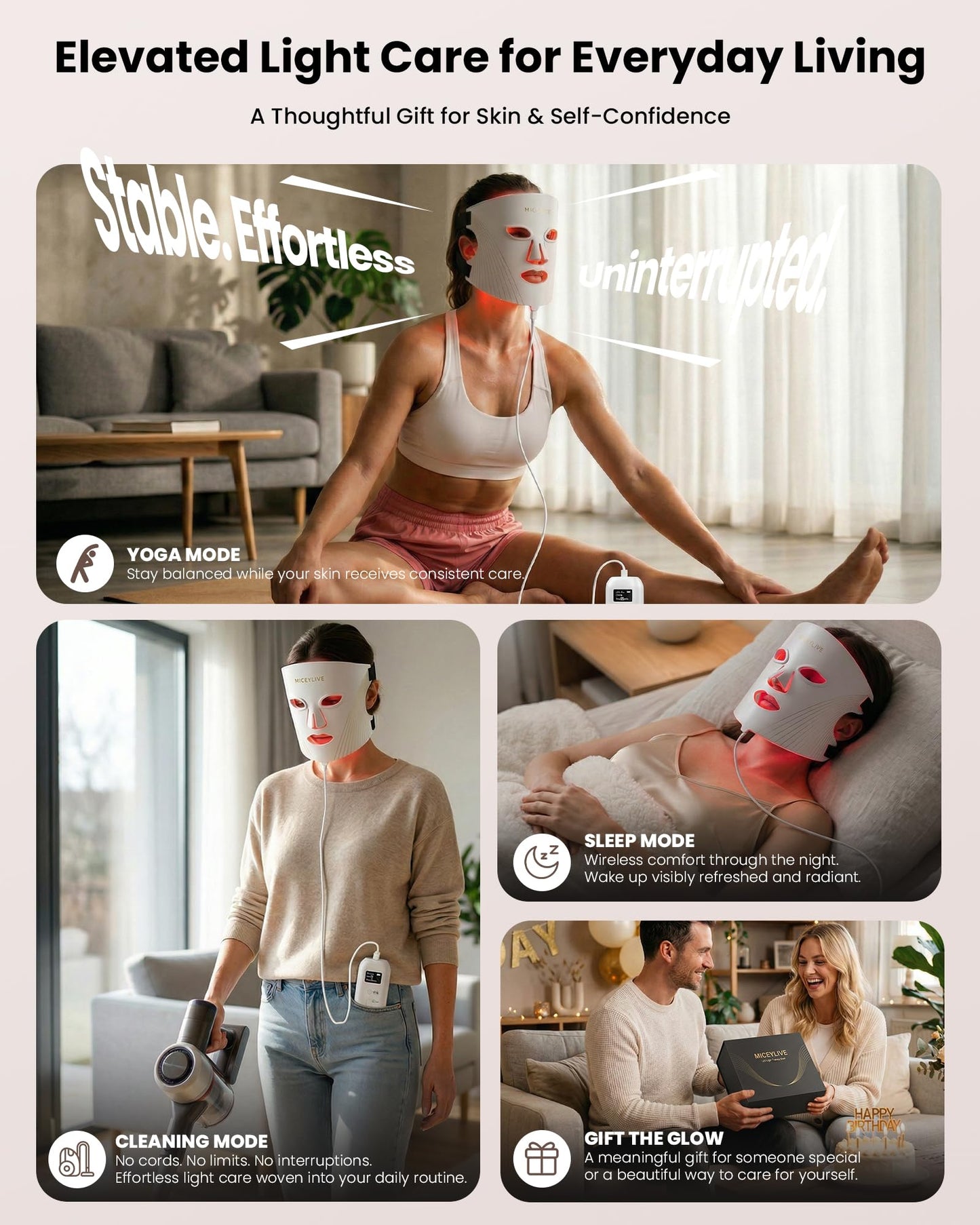 MICEYLIVE Red Light Therapy Mask for Face, 432 LED Face Mask with 3 Wavelengths (630nm Red, 415nm Blue, 850nm NIR), 180° Full Face Coverage, Wrinkles & Acne Care at Home, Rechargeable with Travel Bag