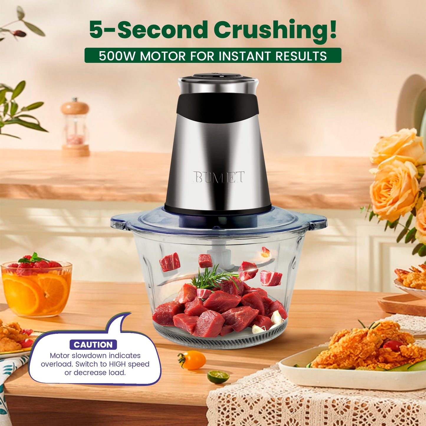 BUMET Electric food processor vegetable chopper 500W 2x8cup bowls 2 bi-layer 4 blades Small Food chopper Electric Meat grinder for home use,Mincing, and Puree for kitchen aid, baby foot, pet food