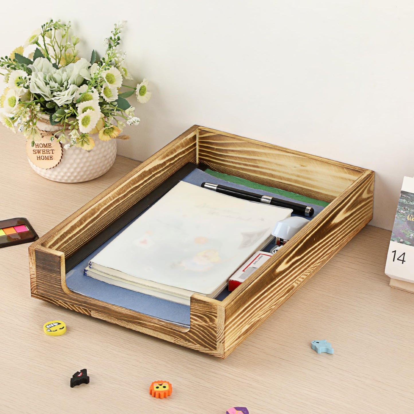 BTSKY Wood Letter Tray Front-Load Document Organizer for Office Desktop Organizer - Desk Magazine, File Folder, Paper Holder - Stackable Paper Document File Tray, 2 Pack