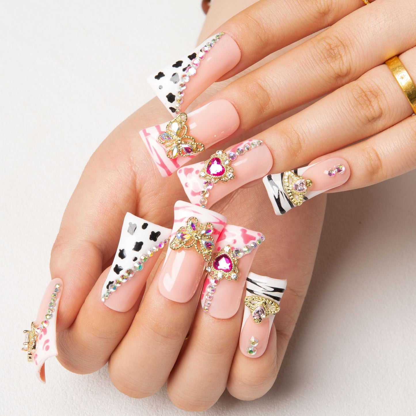 LOVFUL Press on Duck Nails Salon Quality Rolling Luxe Curve | Handmade Acrylic with Full Covered Crystals | Reusable Fake Nails | Duck Classic Regular 1.3 in | H144-L