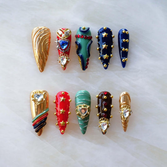 GLORS Luxury Handmade Press On Nails, Vintage Bohemian Style, Long Stiletto Shape, Crystal Heart Gems, Gold Stars Design, 10 Pieces (Small, LS)