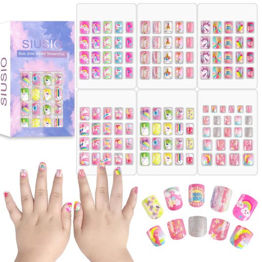SIUSIO 6Pack Press on Nails kids Children Acrylic Fake Nails Cute Pre-glue Full Cover Gradient Color Rainbow Short Stick On False Nail Art Kits Set for Kids Little Girls - Unicorn Park