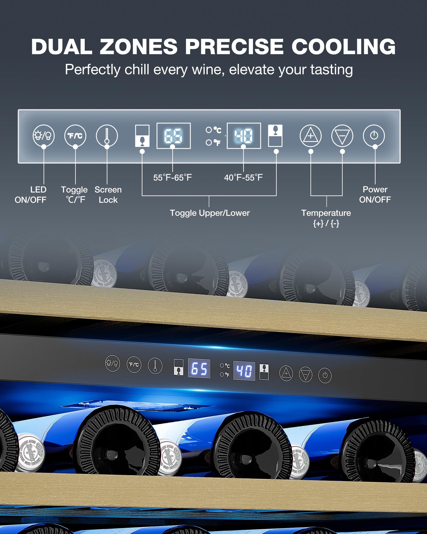 24 Inch Dual Zone Wine Fridge, 55-Bottle Wine Fridge Under Counter with Glass Door for Built-In or Freestanding, Wine Cooler Refrigerator with Removable Wooden Shelves, for Home/Bar/Office (Black)