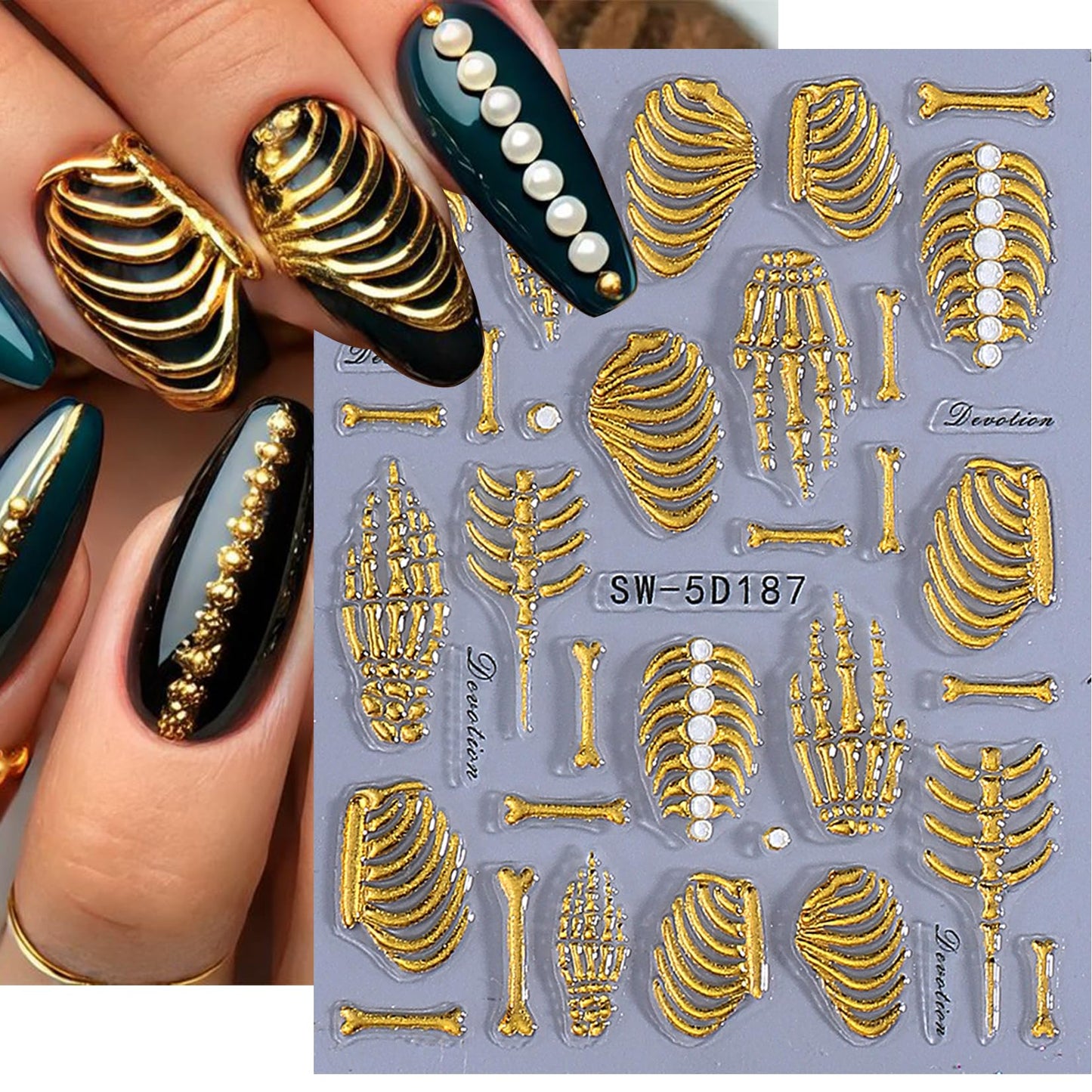 Gothic 5D Nail Art Stickers 10 PCS Embossed Skeleton Y2K Nail Decals Golden Rose Gold White Bone Skeleton Designs Goth Bat Self Adhesive Sliders Nail Art Decoration Manicure Accessories for DIY Party