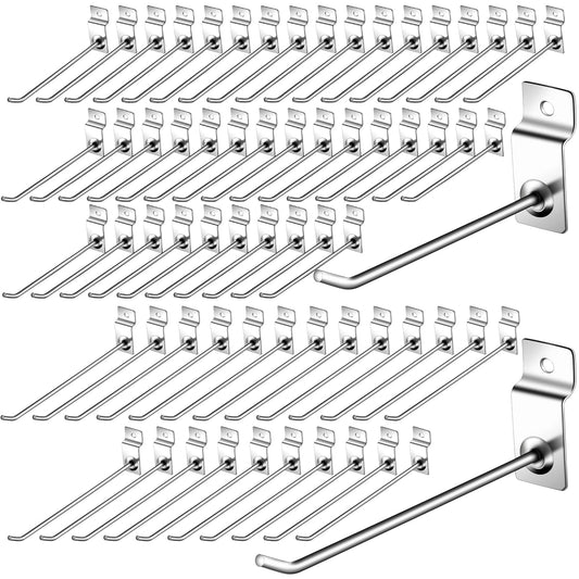 Moxweyeni 100 Pack Slatwall Hooks, 6 and 8 Inch Slatwall Accessories, Metal Panel Wall Hooks Pegs Hanging Hangers Thickness Slat Pegs for Garage Shop Retail Display(Silver)