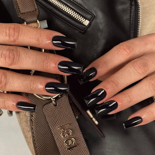 KQueenest All Black Press On Nails Medium Long Square Nails Press Ons Gloss, Solid Color Full Cover Medium Fake Nails For Women, Thick Gel Coffin Acrylic Nails, False Nails For Manicure 24 Pcs