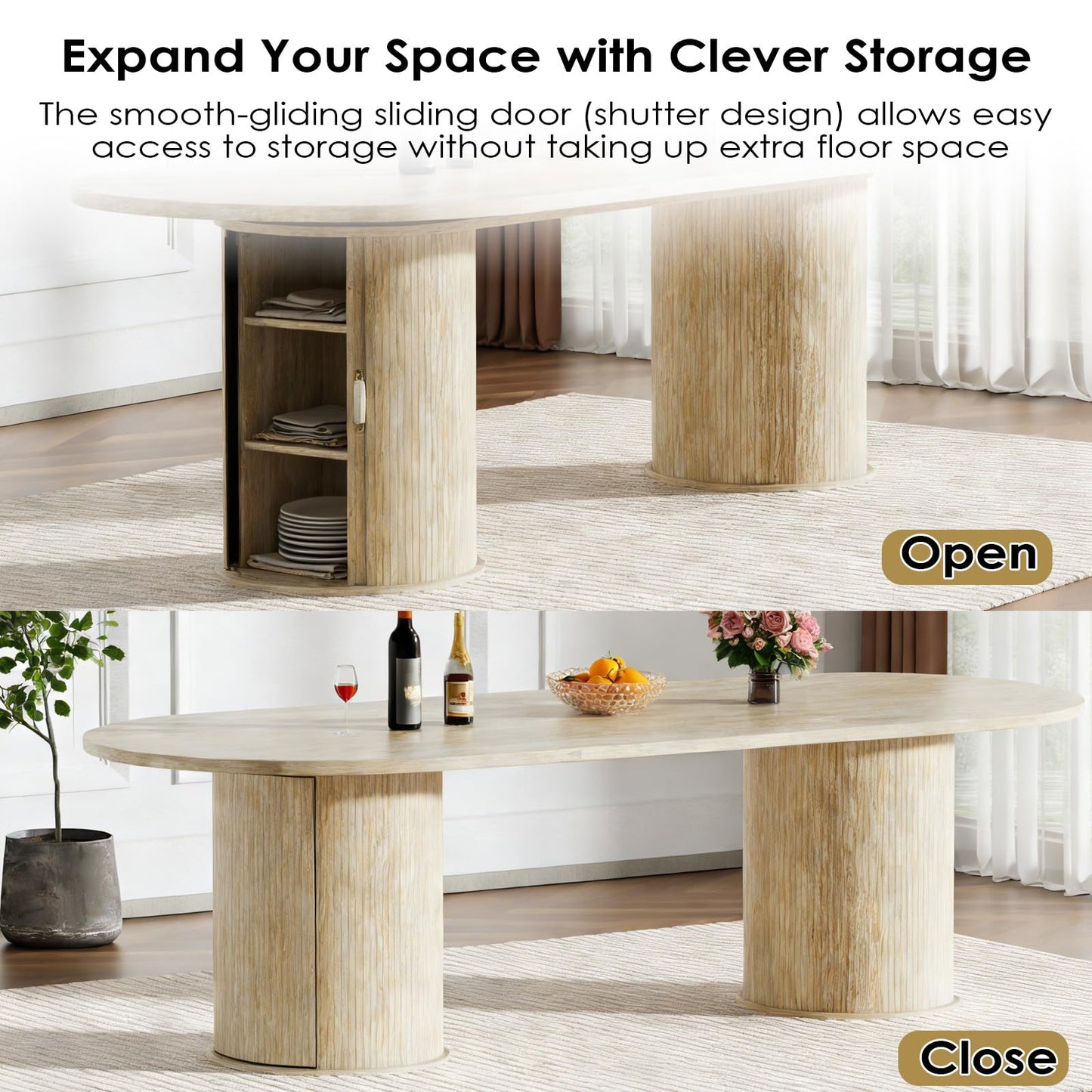 11 Piece Extendable Dining Table Set with 10 Beige Upholstered Chairs, 63"-95" Faux Mars Oval Kitchen Table Set with Storage for 10, Space-Saving Expandable Dining Room Table Set with Wood Fluted Base