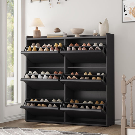 Patikuin Shoe Storage Cabinet with 6 Flip-Down Doors, Wooden Entryway Shoe Organizer with Adjustable Shelf, Hidden Hallway & Living Room Storage