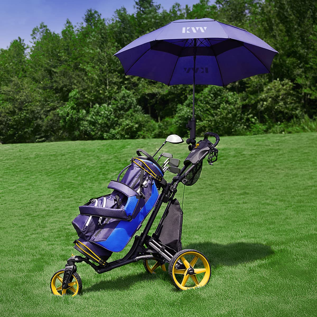 KVV 3 Wheel 360 Rotating Front Wheel Foldable/Collapsible Golf Push Cart with Foot Brake Open and Close in ONE Second-Free Umbrella Holder Included(Charcoal/Yellow)