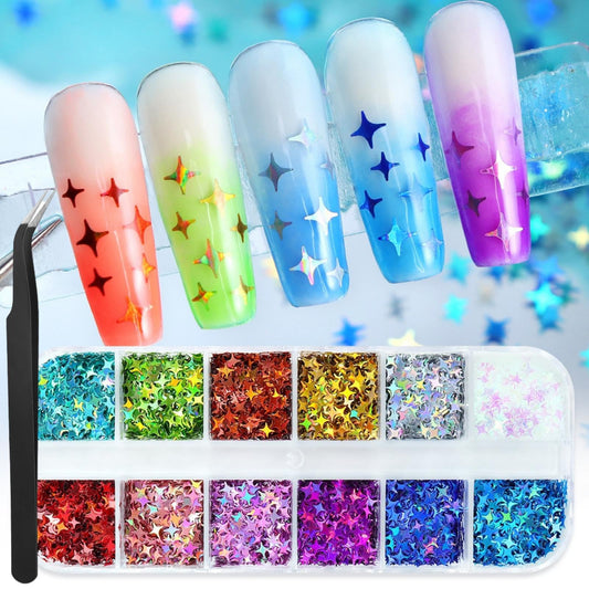 1 Box 12 Color Holographic Star Nail Glitter Silver Gold Nail Sequins 3D Colorful Nail Flakes Sparkly Powder Flakes Shiny Nail Glitter Laser Nail Sequins Glitter for Nails Art 12 Grids