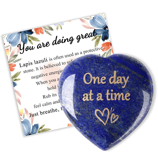 QINJIEJIE One Day at A Time Lapis Lazuli Heart Stones Crystals Thumb Worry Stone Thinking of You Gifts for Anxiety Relief Items You Got This Inspirational for Friend Sobriety Gifts for Men